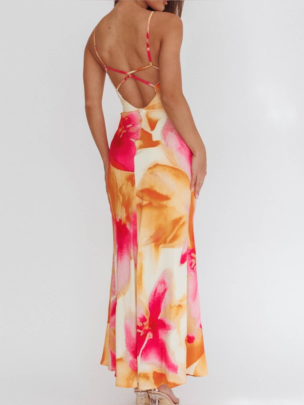Bobbles & Lace Dress S Pink Orange Floral Backless Maxi Wedding Guest Luau - Picture 2 of 14